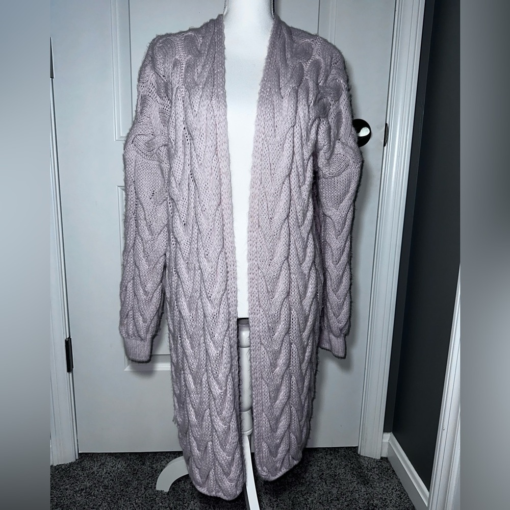 Fobya Blush Pink Chunky Cable Knit Wool Blend Long Cardigan Cozy Cottagecore